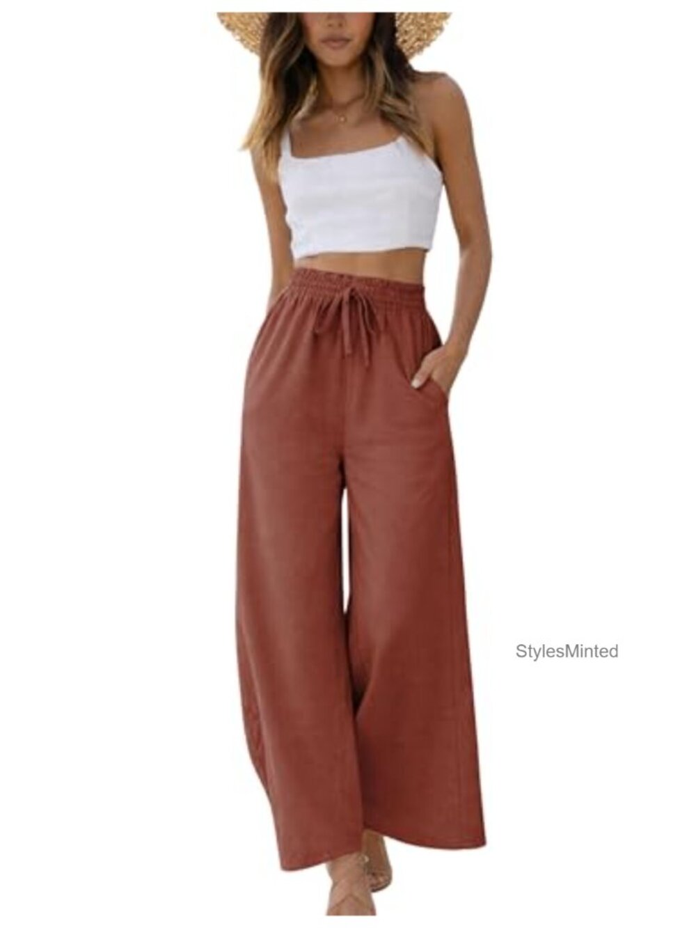 Linen Cotton Wide Leg Palazzo Pants High Waist Drawstring Trousers